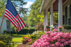 American flag waves near a home with, a Photo by Pixeness Studio