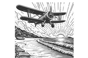 airplane flying over tropical beach, a Transportation Illustration by AlexArt