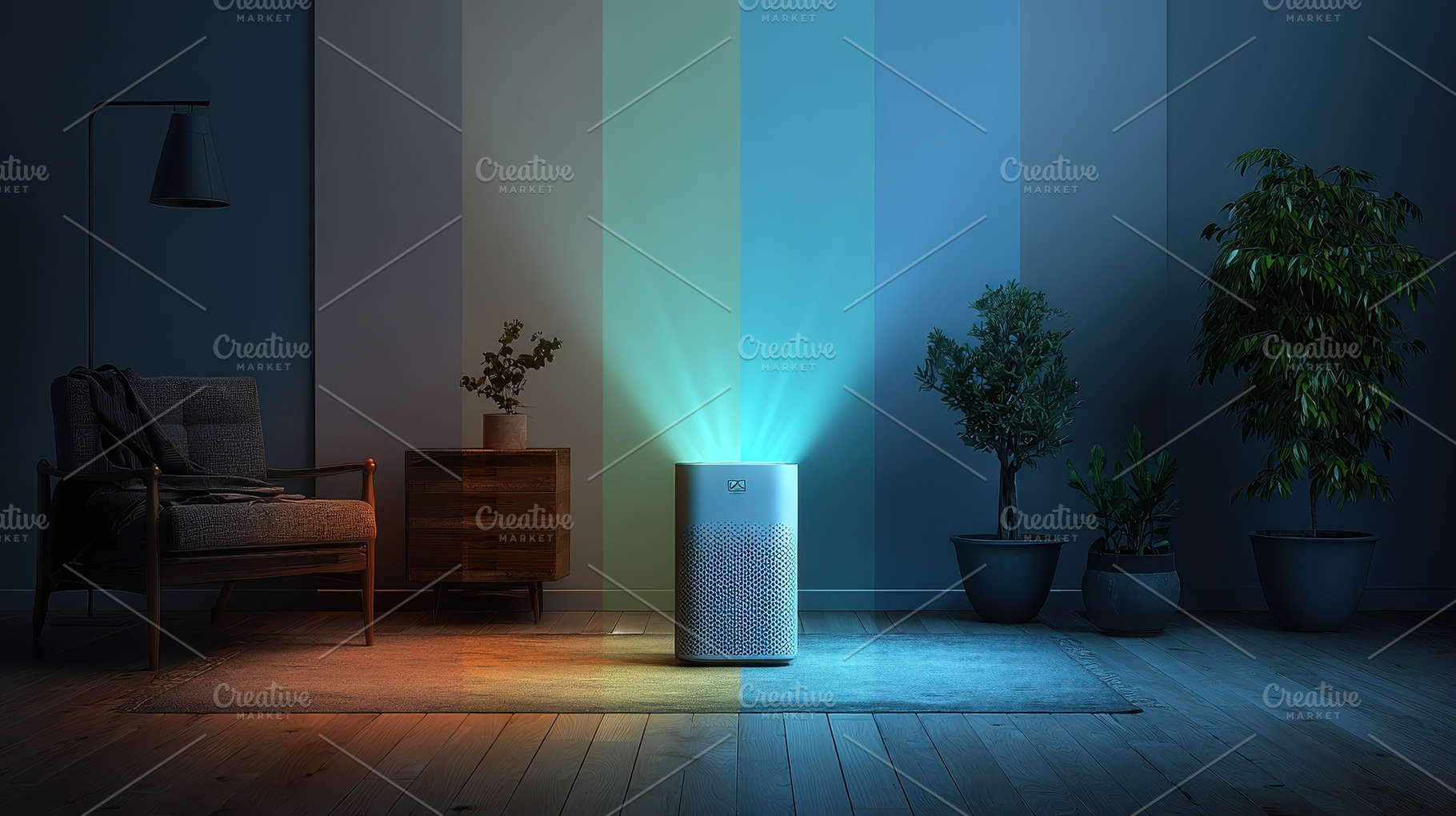 Air purifier in living room glowing, a Photo by Pixeness Studio