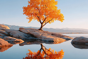 Autumn tree reflected in calm lake, a Nature Photo by AlyaAnd