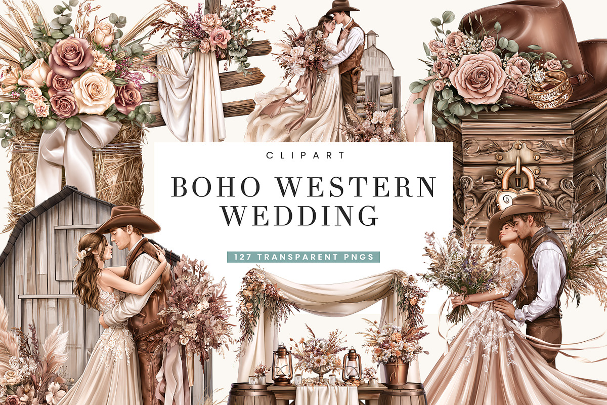Boho Western Wedding Clipart Bundle, a Person Illustration by BusyDaydesign (Photo 1 of 9)