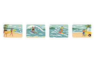 Set of people riding surfboards, a Sport Illustration by vectorpointstudio