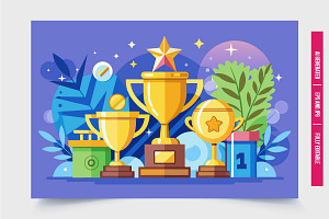 Three Golden Trophies on Blue Backgr, an Illustration by Tanuart