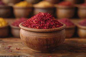 Saffron spice in wooden bowl with vi, a Photo by Tanuart
