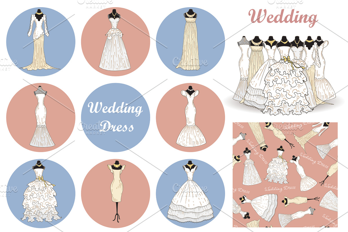 Set of hand drawn wedding dresses