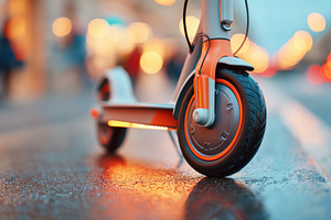 Electric scooter wheel at sunset in urban setting, a Transportation Photo by AlyaAnd