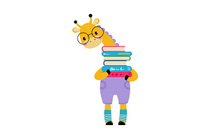 Cute baby giraffe holding stack of, an Animal Illustration by TopVectors