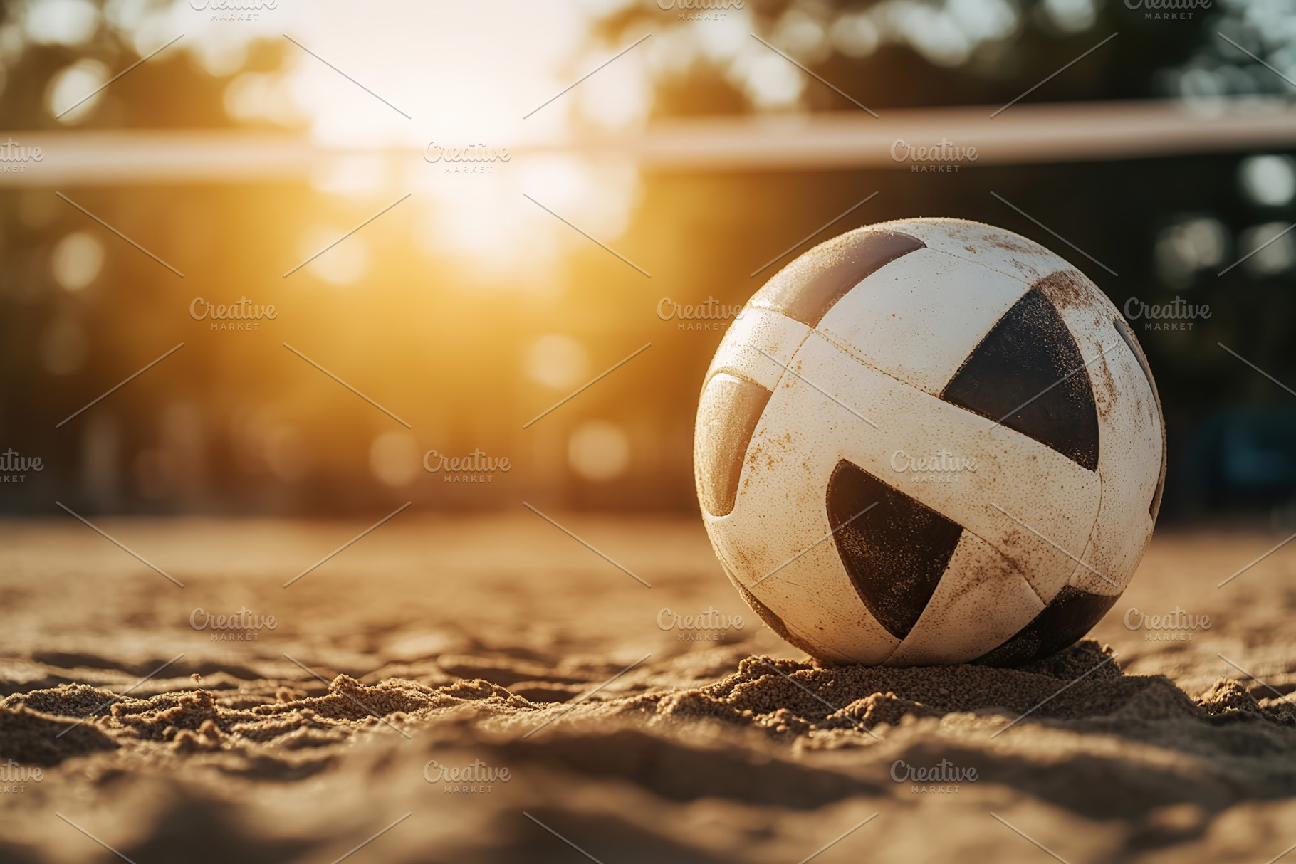 Volleyball resting on sandy beach at sunset with warm golden light, a Sports & Recreation Photo by AlyaAnd