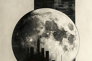 A surreal digital artwork featuring a stunning moon, city skylin, a Decorative Illustration by ImageMir