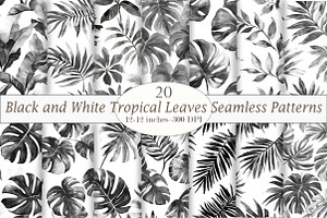 Black and White Tropical Leaves Seam, a Pattern Graphic by Design Market