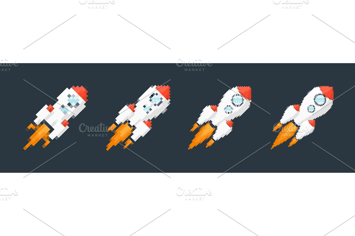 Pixel art rocket with fiery trails, an Illustration by 32pixels