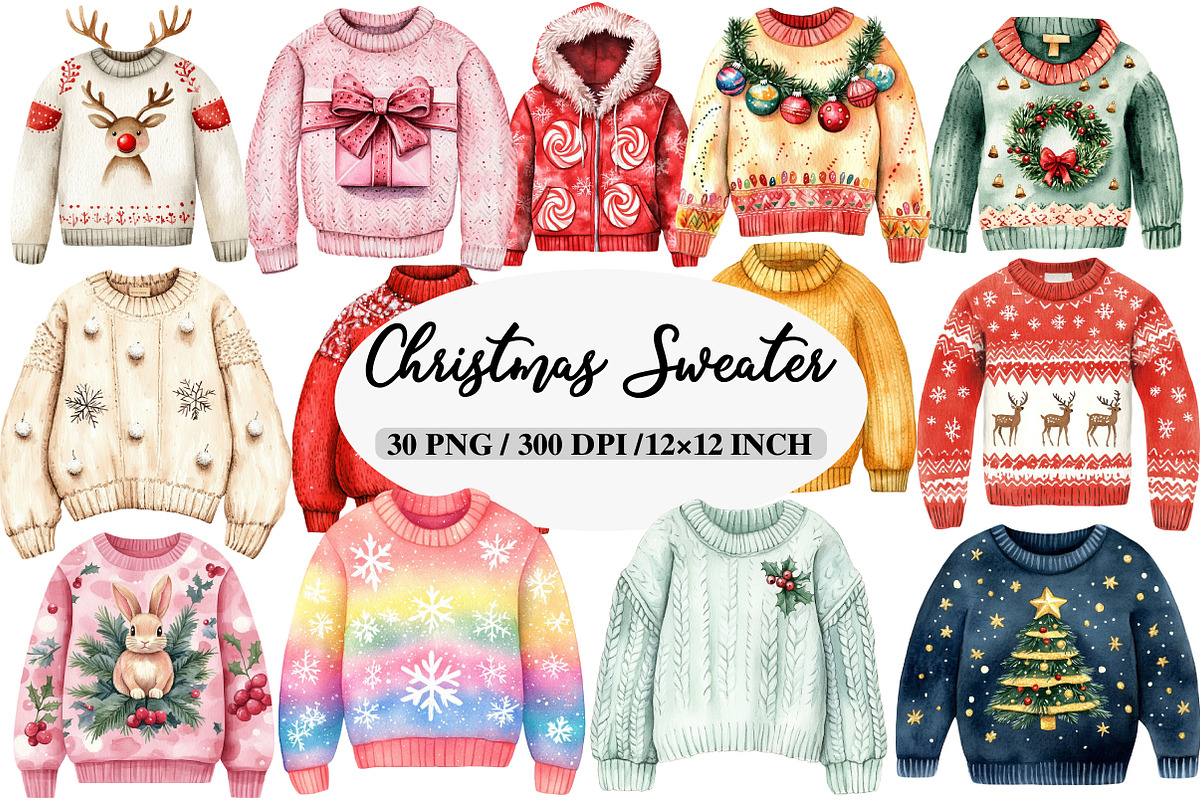 Watercolor Christmas Sweater Clipart, an Illustration by Daily.Designs (Photo 1 of 5)
