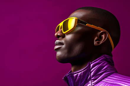 Black man with luxury sunglasses isolated on a purple background, a Person Photo by ImageMir