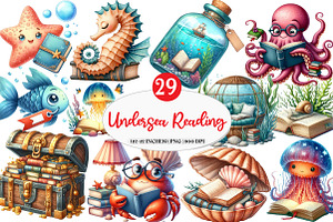 Undersea Reading Clipart, an Illustration by Watercolor design