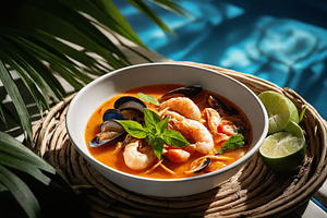 Bowl of tom yam soup with mussels, a Food & Drink Photo by Fascinadora