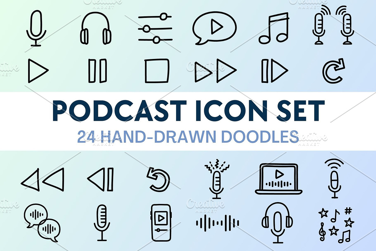 24 Hand-Drawn Podcast Icons, Vector, an Outline Icon by Wellington Cove Design (Photo 1 of 6)