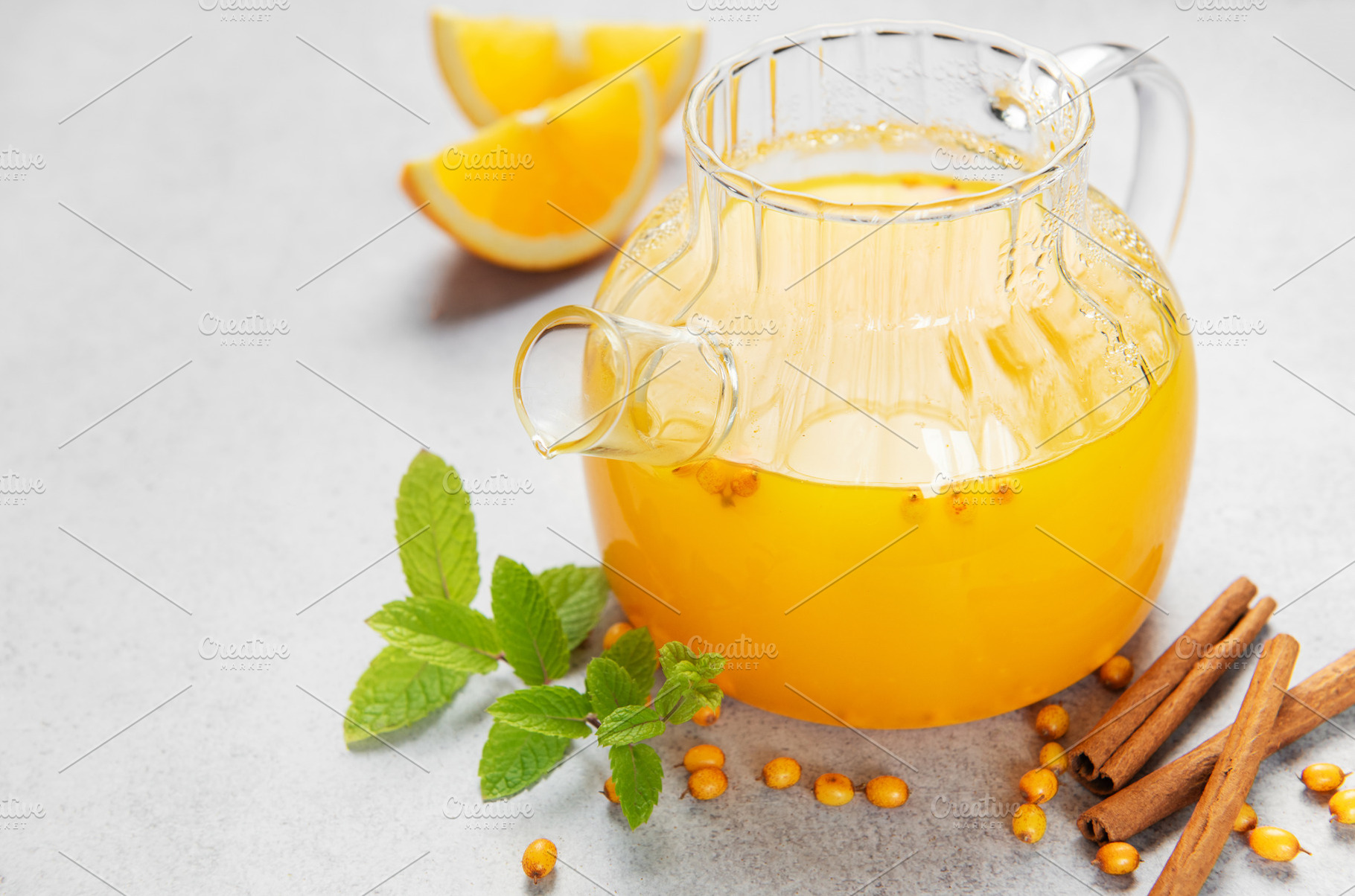 Hot sea buckthorn tea with orange mint cinnamon, a Food & Drink Photo by Olena Rudo