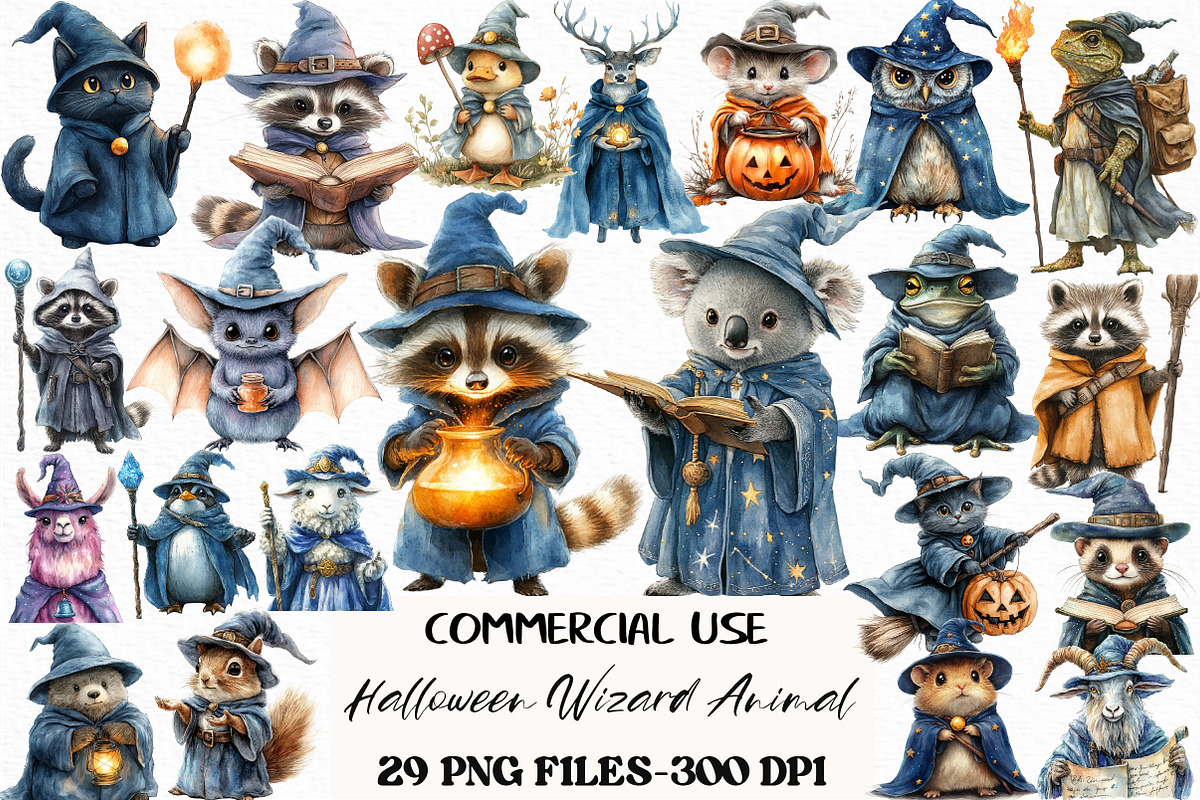 Halloween Wizard Animal Clipart, an Illustration by Craft Nest (Photo 1 of 6)