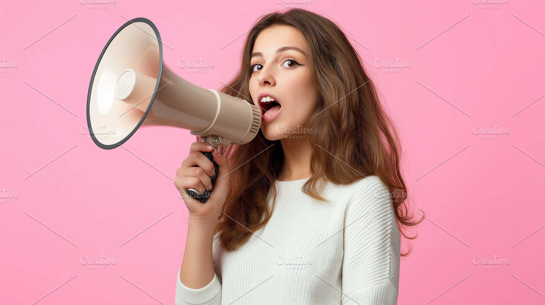 Cheerful young woman hold megaphone, a Person Photo by MistyDay