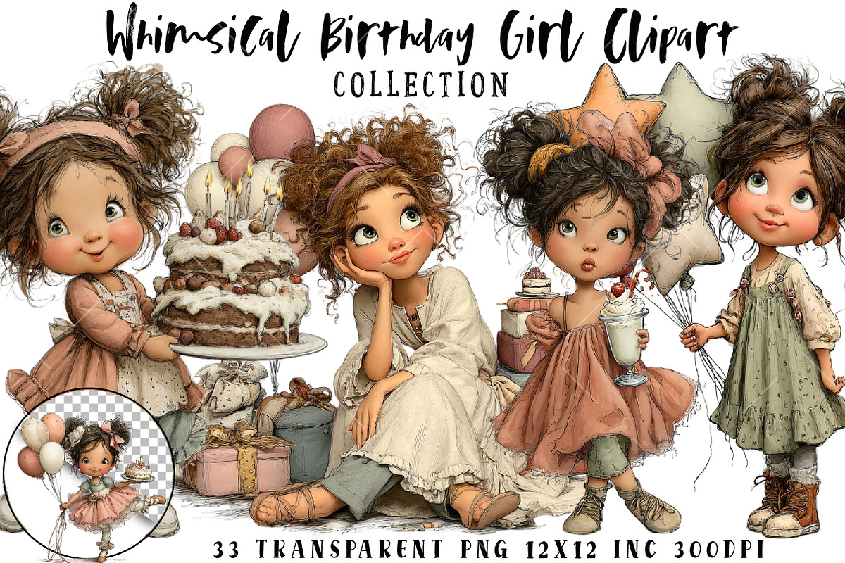 Whimsical Birthday Girl Clipart PNG, an Illustration by OK Design (Photo 1 of 6)