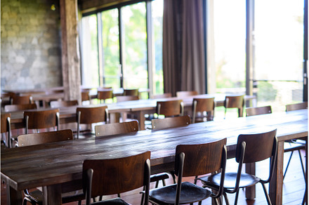Modern restaurant with long wooden, an Architecture Photo by HalfPoint
