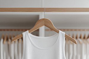 A plain white tank top mockup hanging on a wooden hanger in a minimalist closet
