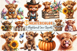 Adorable Cute Highland Cow Clipart, a Seasonal Illustration by Rose Art