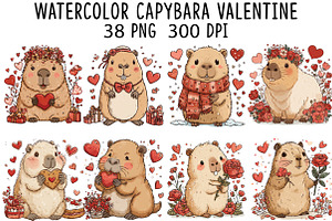 Watercolor Capybara Valentine Clipar, an Illustration by CraftArtStudio