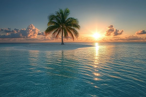 Sunset view over tranquil island with palm tree and calm waters in open sea, a Nature Photo by AlyaAnd