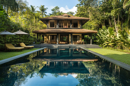Vintage home with pool reflection and tropical surroundings, an Abstract Photo by Natalia Klenova's Shop