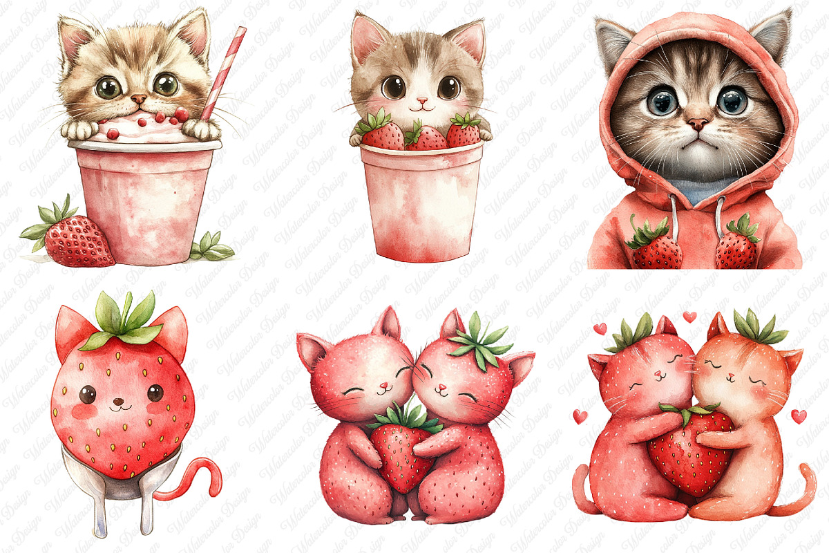 Strawberry Cat Sublimation Clipart, an Illustration by Watercolor design (Photo 4 of 12)
