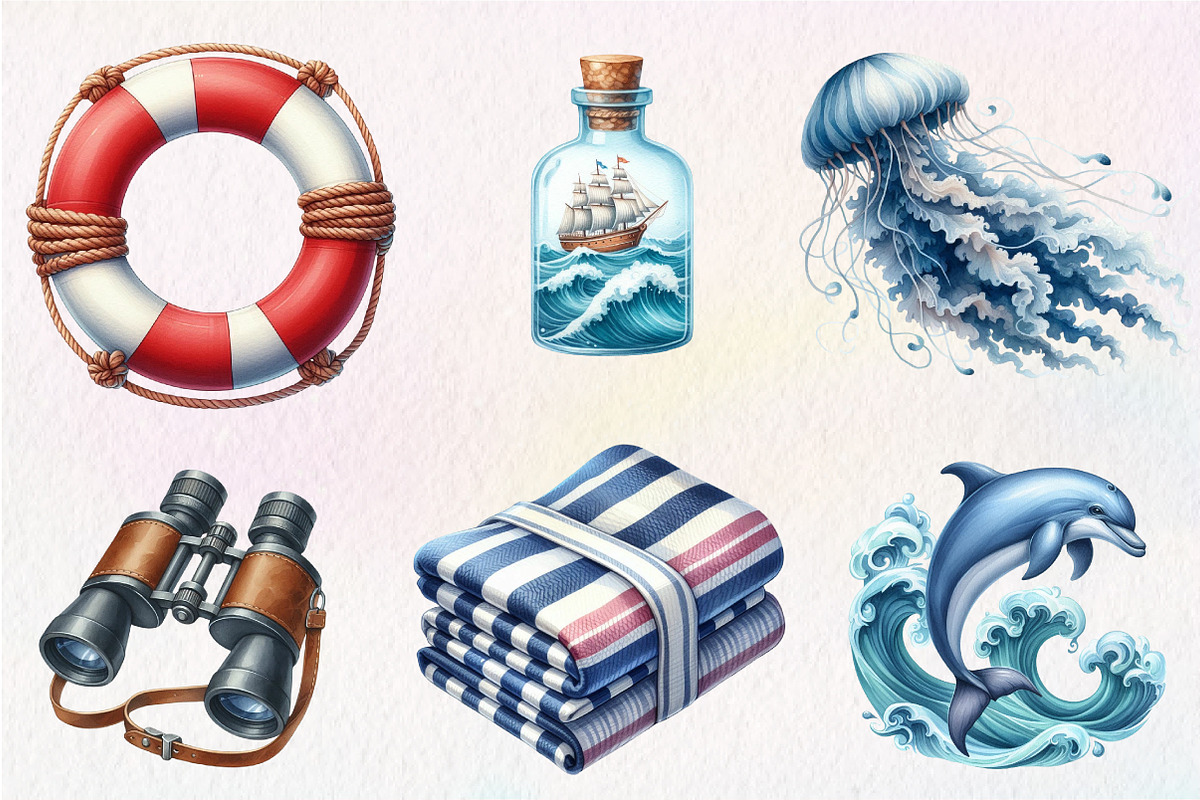 Nautical Ocean Watercolor Clipart, an Illustration by CreationArt (Photo 2 of 5)