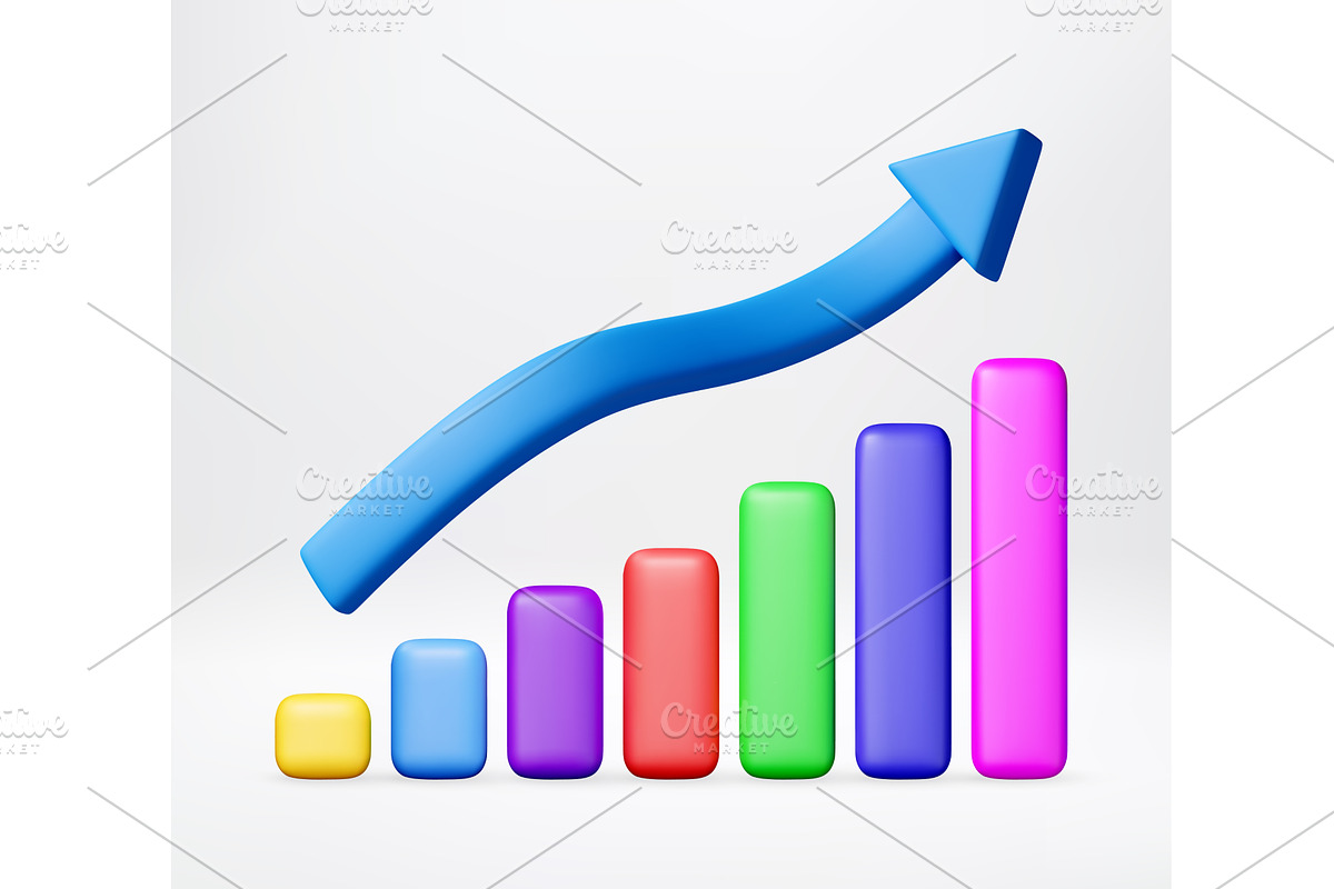 3D Blue arrow rising on colorful bar, a Finance Illustration by Abscent