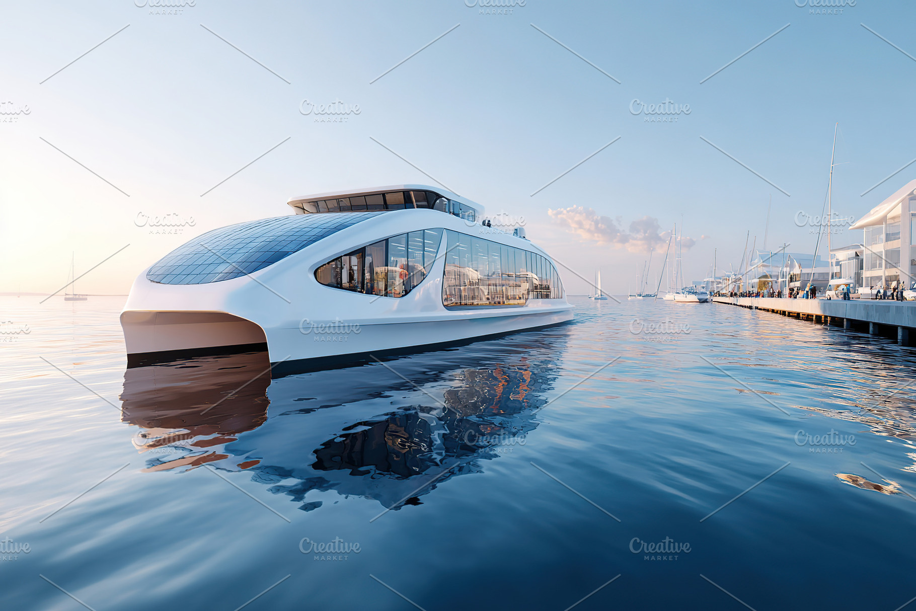 Electric ferry approaches dock in a vibrant waterfront setting during the golde, a Photo by AlyaAnd