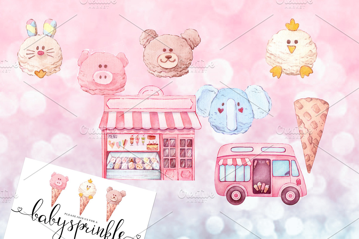 Watercolor Ice cream Clip Arts #2, an Animal Illustration by Whimseez (Photo 4 of 4)