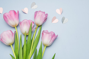 Pink tulips and paper hearts creating a romantic atmosphere, a Holiday Photo by Olena Rudo