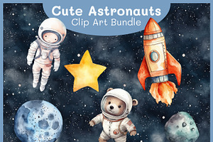 Cute Astronauts Watercolor Clipart