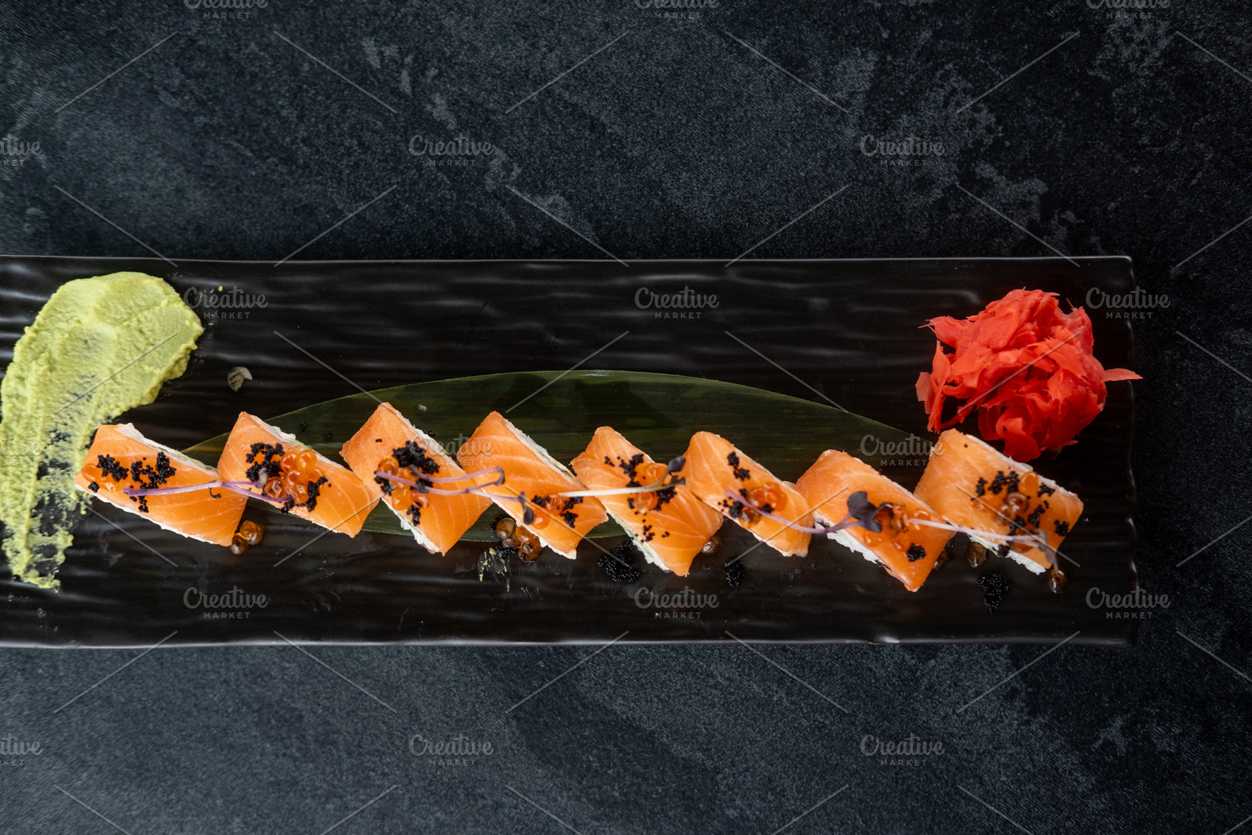 Fish menu japanese food sushi roll served sauce, a Food & Drink Photo by Photo Drive Studio
