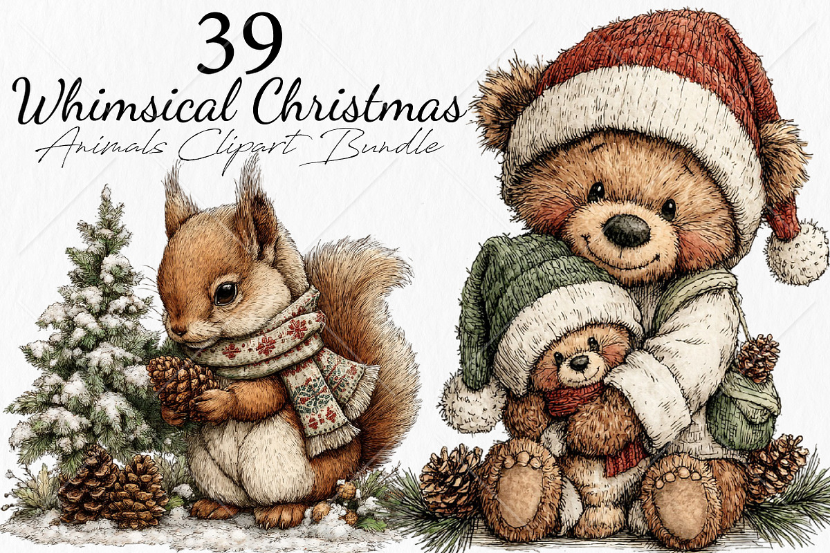 Whimsical Christmas Animals Clipart, a Seasonal Illustration by Canvas Craft (Photo 1 of 10)