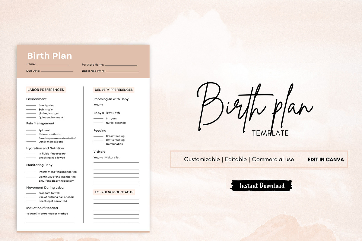 Printable Birth Plan Template, Labor, a Print Template by BrushstrokeArtGB (Photo 1 of 5)