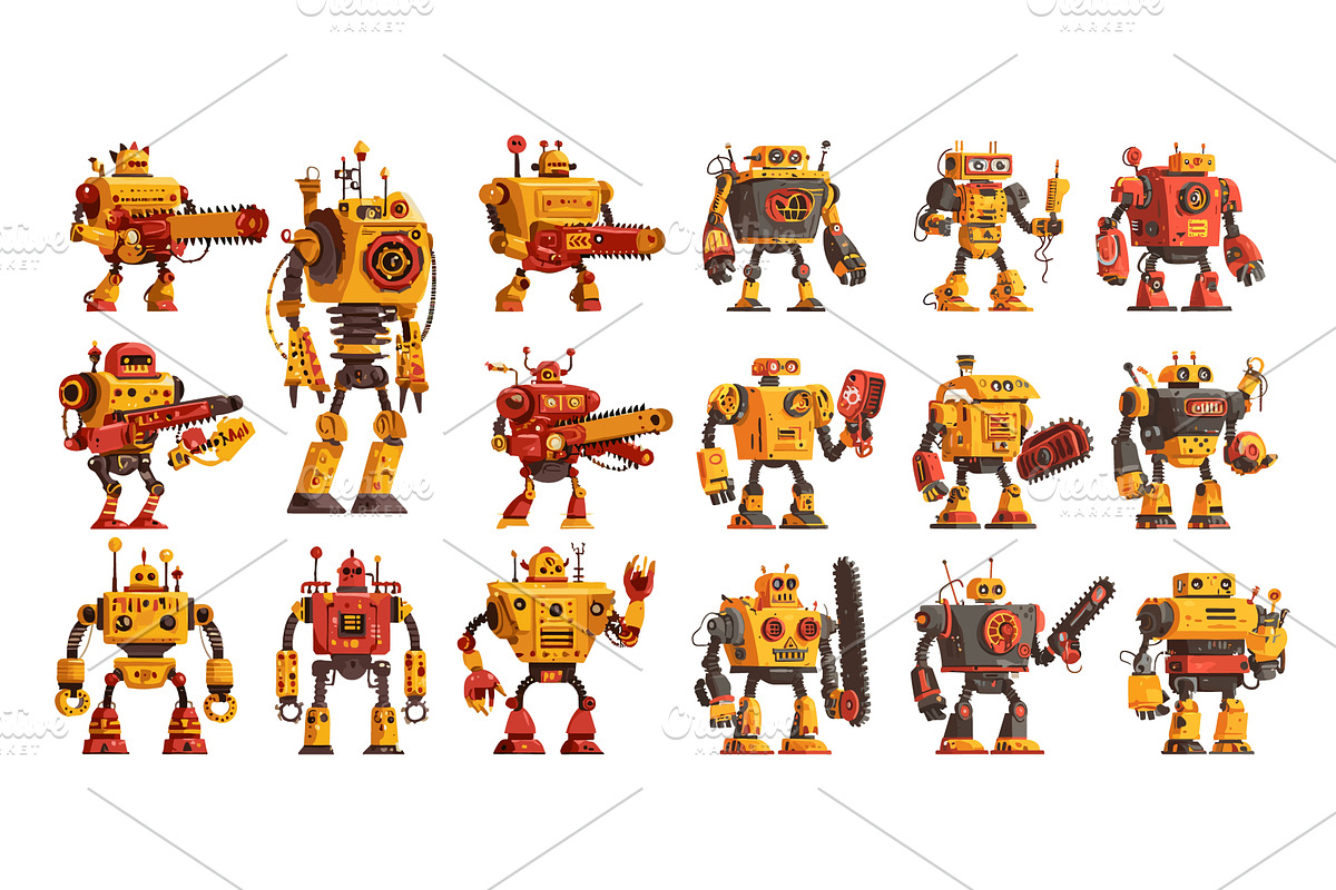 Robots cartoon vector set. Sci fi, a Technology Illustration by Onyx