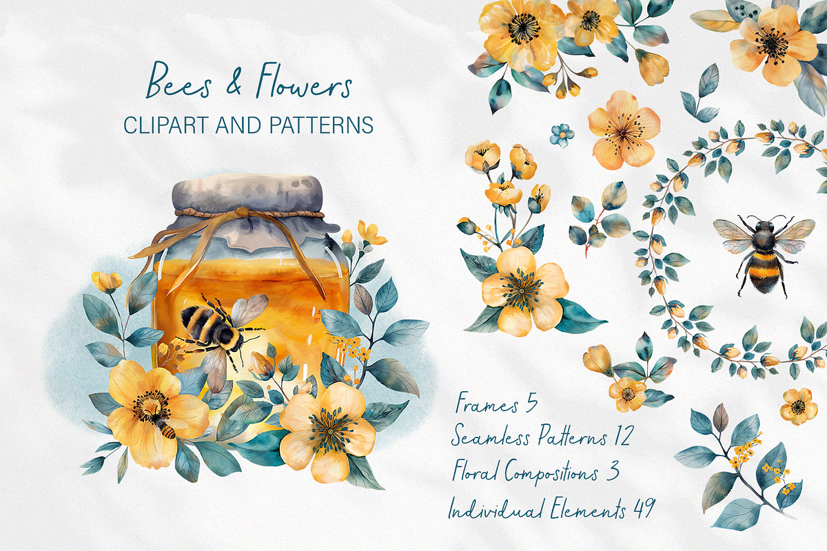 Bees and flowers watercolor clipart, a Seasonal Illustration by Anna Druzhkova (Photo 1 of 17)