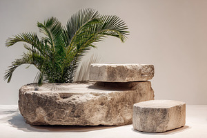 Stone display with palm plant minima, a Photo by Pixeness Studio