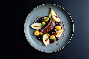 Gourmet dish featuring a slice of, a Food & Drink Photo by Sergey Kotenev