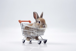 Beautiful bunny in small shopping cart isolated on white background, an Animal Photo by AlyaAnd