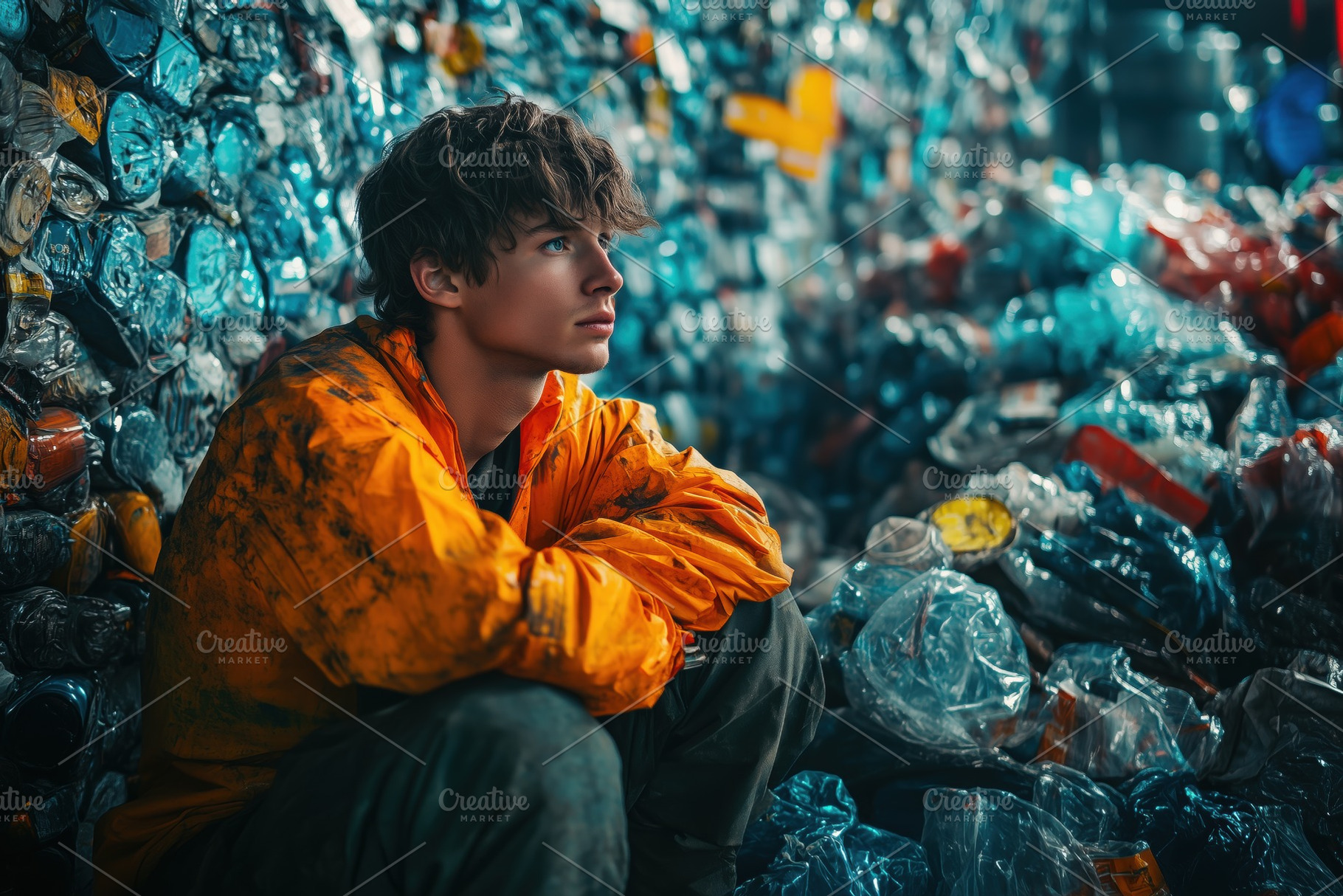 A young man recycling technologist in an orange jacket sits pensively among pil, a Person Photo by Textures & Backgrounds