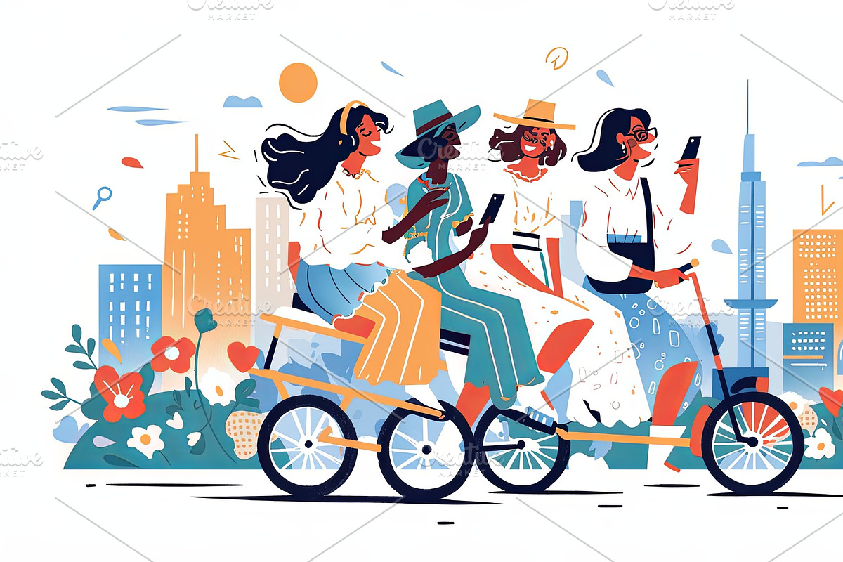 Four cheerful women enjoying a tricycle ride amidst a vibrant cityscape, an Illustration by AS photostudio