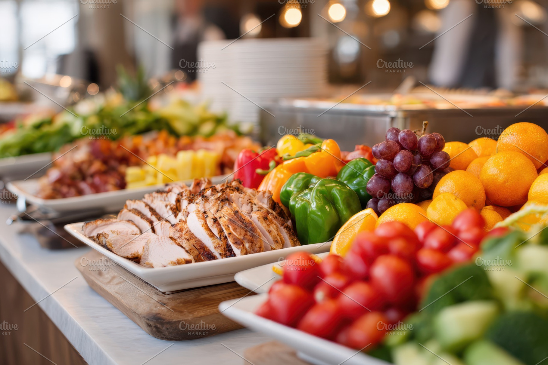 Buffet table with sliced roast beef and fresh fruit, a Food & Drink Photo by AlyaAnd