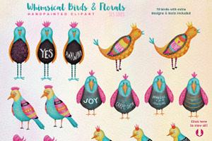 Colorful Whimsical Birds & Flowers