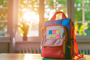 Children backpack on desk with sunlight, a School & Education Photo by DanFLCreativo